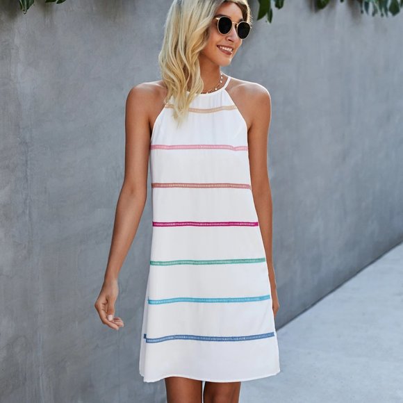 Women Halter Neck Sleeveless Striped Solid Loose Fit Tunic Short Dress - Picture 7 of 7